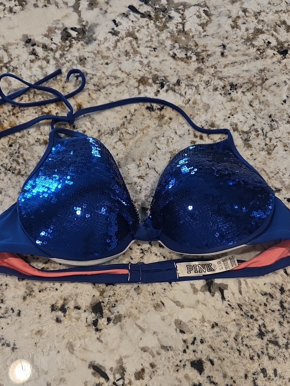 PINK Victoria's Secret Women's Blue Sequin Push-Up Bikini Top
